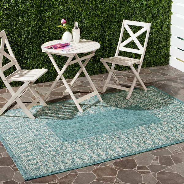 Courtyard Blue/Gray 8 ft. x 11 ft. Border Ornate Indoor/Outdoor Area Rug