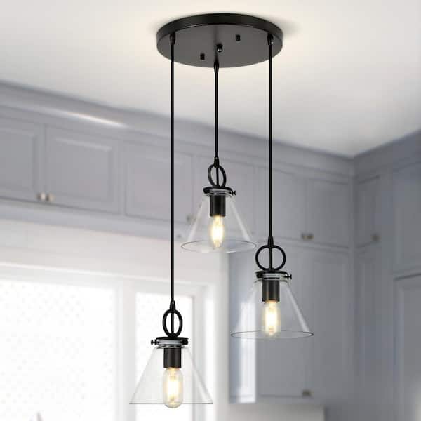 Jasslynn 40-Watt 3-Light Matt Black Industrial Pendant Light with Cone Clear Glass Shade for Kitchen Island Foyer
