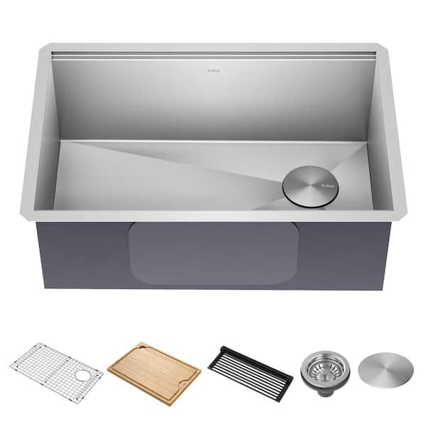 KRAUS Kore 28 in. Undermount Single Bowl 16 Gauge Stainless Steel Kitchen Workstation Sink with Accessories