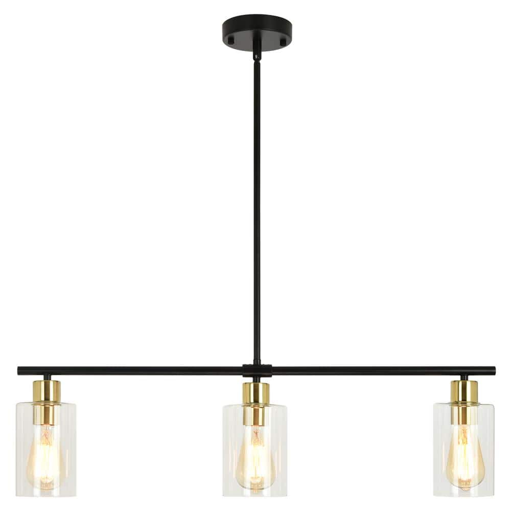 3-Light Black/Brass Rustic Linear Chandelier for Kitchen Island with Clear 