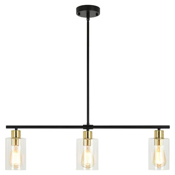 3-Light Black/Brass Rustic Linear Chandelier for Kitchen Island with Clear Glass Shades