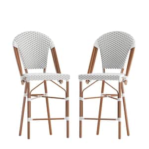 41.5 in. White/Gray/Natural Mid-Back Metal Bar Stool with Rattan Seat (Set of 2)