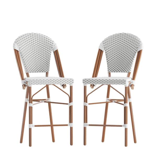 TAYLOR + LOGAN 41.5 in. White/Gray/Natural Mid-Back Metal Bar Stool with Rattan Seat (Set of 2)