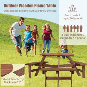 35.43 in. 6-People Brown Circular Outdoor Wooden Round Picnic Table with 3 Built-in Benches for Patio, Backyard, Garden