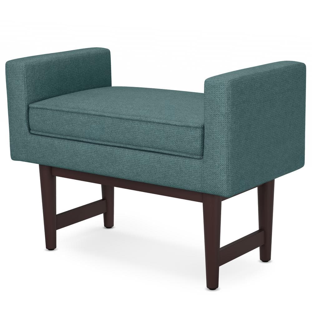 Scott Smoky Teal Linen Upholstered Footstool with Wood Base