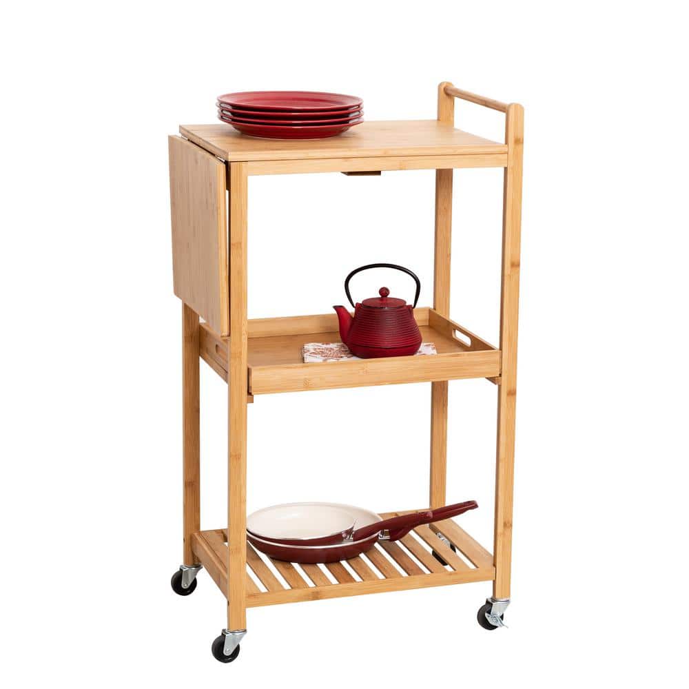 Compact Bamboo Drop-Leaf Kitchen Cart with Locking Casters and Storage