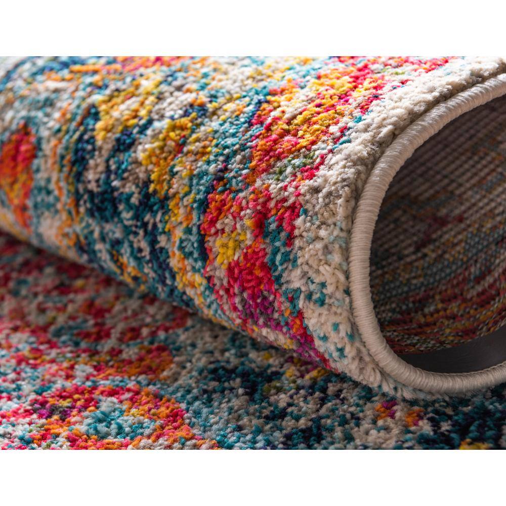 Ivory and Multicolor Square Synthetic Indoor Rug