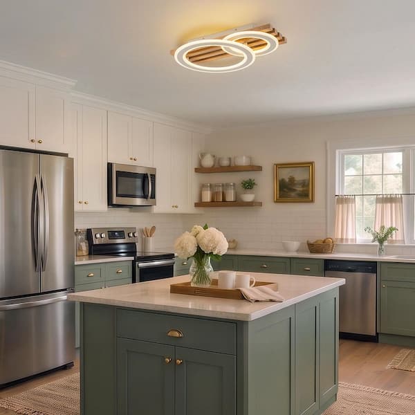 17.7 in. 2-Light Rectangle Integrated LED Ring Matte Sand Flush Mount Ceiling Light with Wood for Kitchen Foyer Bedroom