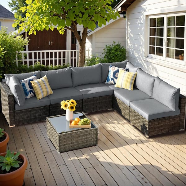 XIZZI Gemini 7-Piece Wicker Outdoor Sectional Set with Dark Gray Cushions