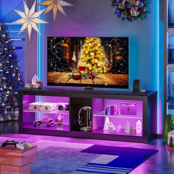 Bestier 55 in. Black Marble TV Stand with Power Outlets LED Entertainment Center with Glass Shelves