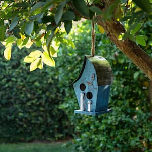 12 in. Tall Outdoor Hanging Wood and Metal Birdhouse, Blue