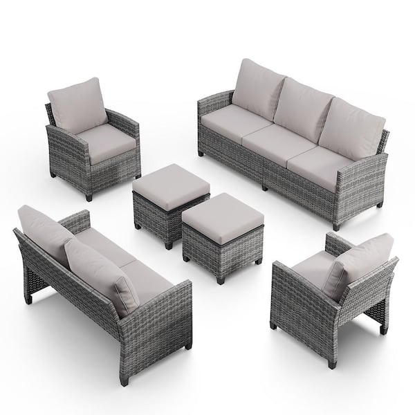 6-Piece Wicker Outdoor Sectional Set with Love-seat, Ottomans and Gray Cushions