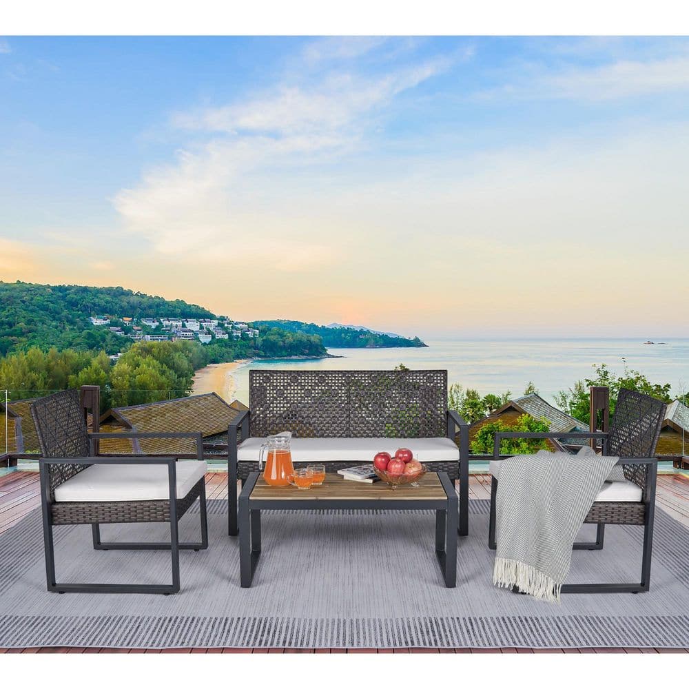 4-Piece Patio Furniture Wood Outdoor Backyard Sectional Set Acacia Wood Table Top with Cushions Brown and Beige price history on PriceWatchPro