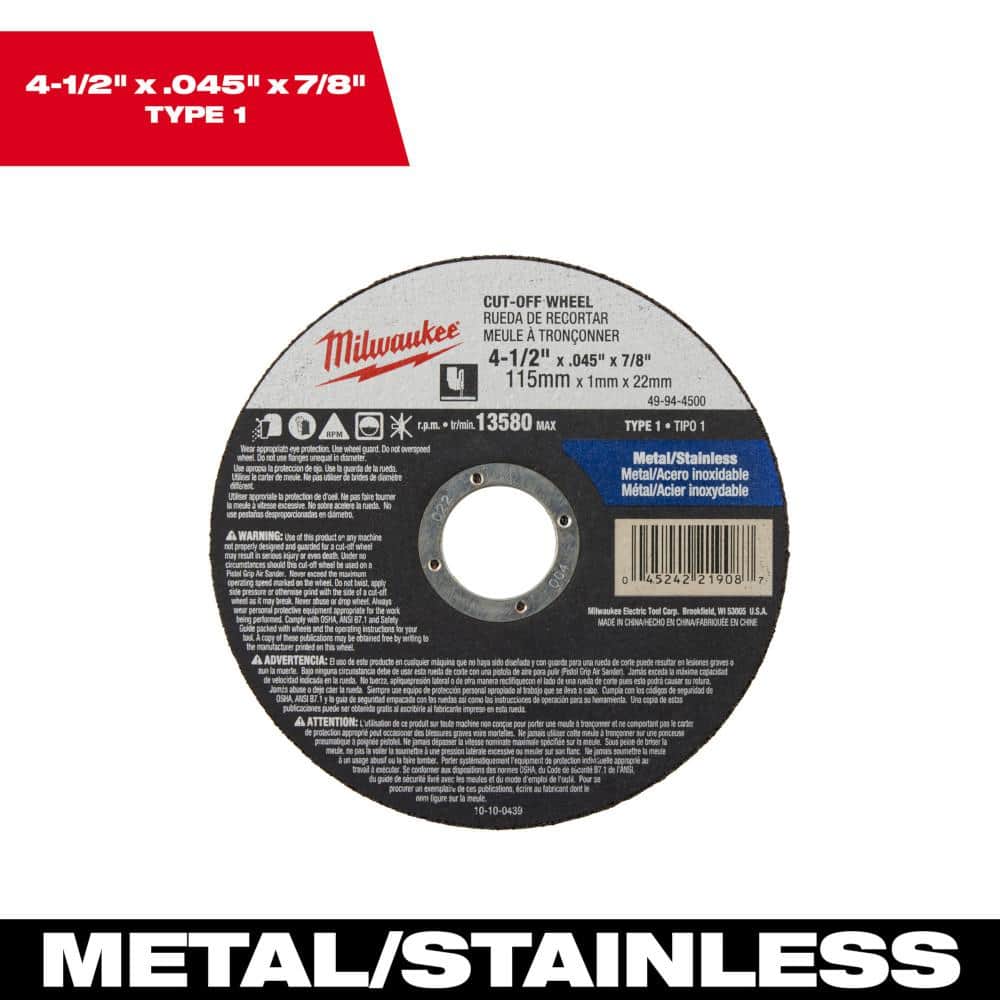 Milwaukee 4-1/2 in. x 0.045 in. x 7/8 in. Cut-Off Wheel Milwaukee 4-1/2 in. x 0.045 in. x 7/8 in. Cut-Off Wheel