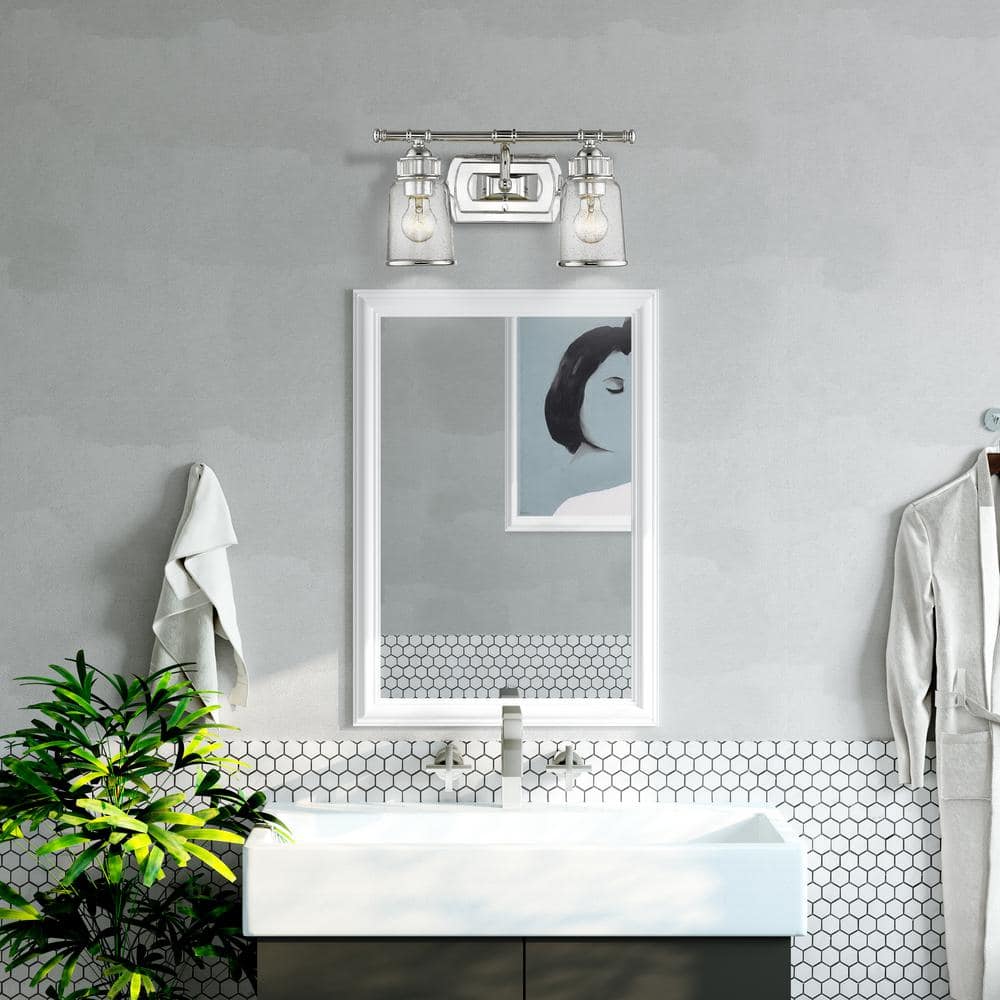 Polished Chrome 2-Light Outdoor Vanity with Clear Seeded Glass
