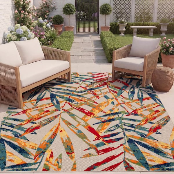 Cabana Ivory/Navy 8 ft. x 10 ft. Palm Leaf Indoor/Outdoor Patio  Area Rug