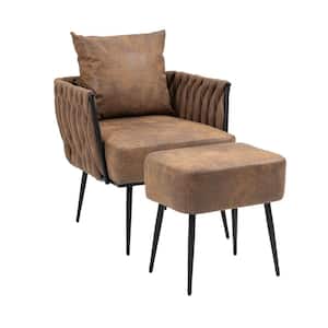 Coffee Microsuede Upholstered Accent Armchair & Ottoman Set of 2 Hand Weaving Leisure Chair with Metal Frame & Pillow