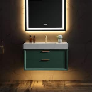 36 in. W x 20.9 in. D x 21.3 in. H Single Sink Wall Mount Solid Wood LED Bath Vanity in Green, White Cultured Marble Top