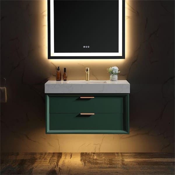 ANGELES HOME 36 in. W x 20.9 in. D x 21.3 in. H Single Sink Wall Mount Solid Wood LED Bath Vanity in Green, White Cultured Marble Top