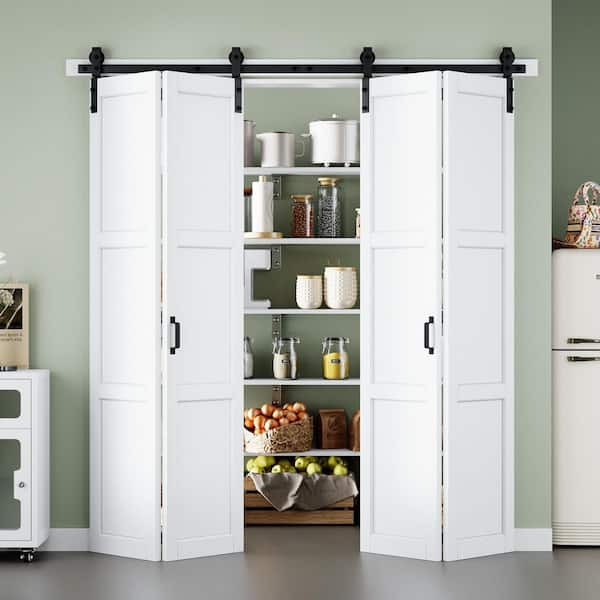 ARK DESIGN 72 in. x 84 in. Easy Install 3-Panel White Primed Solid Core MDF Composite Bi-Fold Sliding Barn Door with Hardware Kit