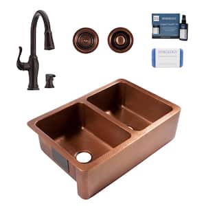 Adams 33 in. Farmhouse Apron Undermount Double Bowl 16 Gauge Antique Copper Kitchen Sink with Maren Bronze Faucet Kit