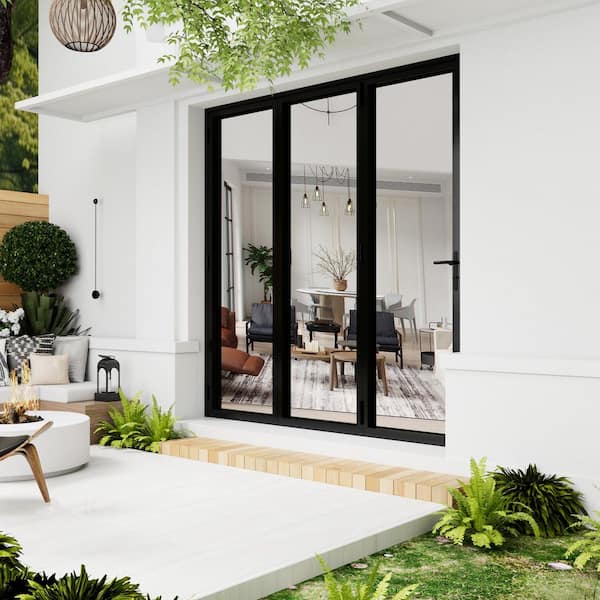 96 in. x 96 in. Left Swing/Outswing Double Tempered Glass Black Aluminum Folding Patio Door (3-folding)
