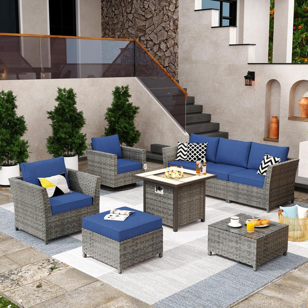 XIZZI Fontainebleau Gray 8-Piece Wicker Outerdoor Patio Fire Pit Set ...