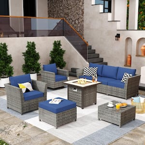 Fontainebleau Gray 8-Piece Wicker Outerdoor Patio Fire Pit Set withNavy Blue Cushions and Swivel Rocking Chair