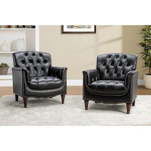 Elijah Traditional Black Genuine Leather Button-tufted Armchair with Luxury Style and Solid Wood Legs (Set of 2)