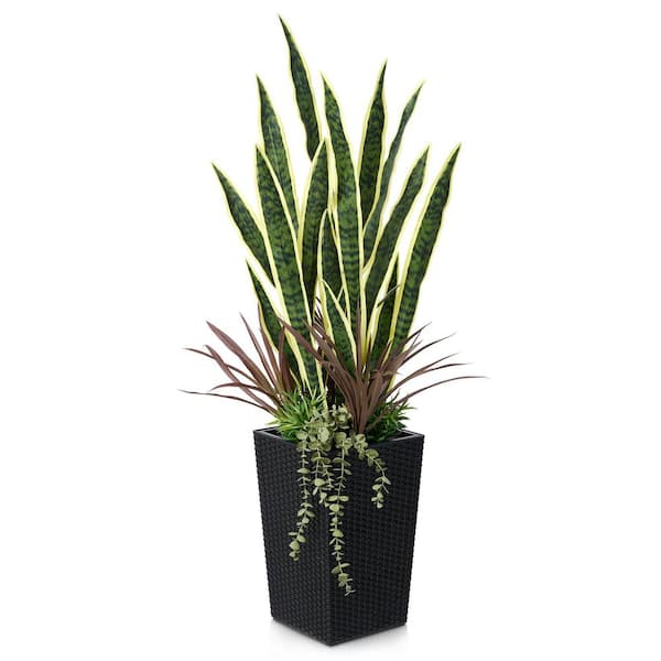 DR.Planzen 4ft.Artificial Snake Plant, Fake Plants for Indoor Outdoor decor with Black Planter home decor