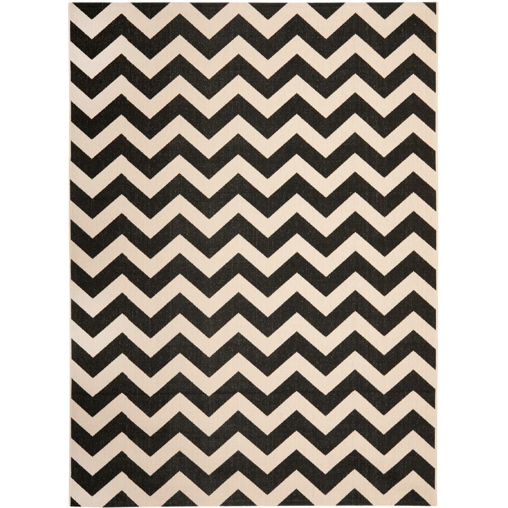 Black and Beige Chevron Outdoor Area Rug, 9' x 12'