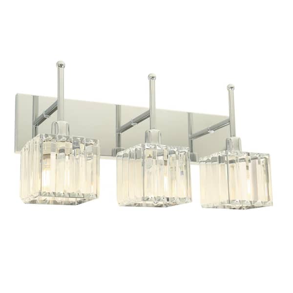 Pia Ricco 18.6 in. 3-Lights Chrome Modern Crystal Vanity Lights for Bathroom with Shades