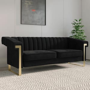 83.86 in. Transitional Square Arm Velvet Straight Sofa with Removable Cushion in Black