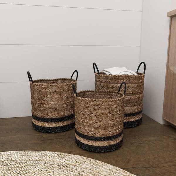 Litton Lane Seagrass Handmade Two Toned Storage Basket with Matching Lids ( Set of 2) 041279 - The Home Depot