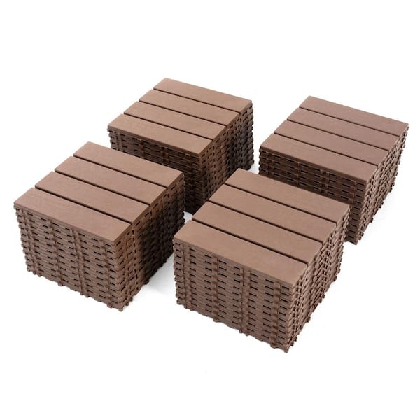 DENISLAWN 12 in. x 12 in. Plastic Interlocking Deck Tiles, Waterproof 4-slat Flooring Tile in Brown(44-Pack)
