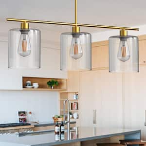 3-Light Gold Modern Island Pendant Light Fixtures, Linear Chandelier Hanging Light with Clear Glass Shade for Kitchen