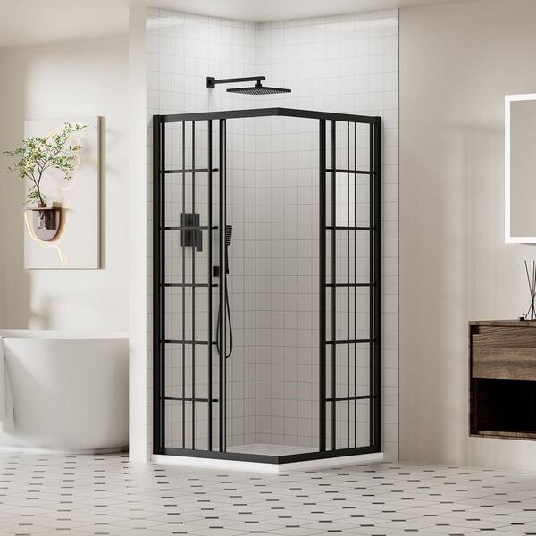 デュース&リドル ACE DECOR Corner Double Sliding Shower Door, with black lines 6mm