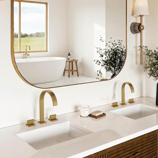 8 in. Widespread Waterfall High-Arc 2-Handle Bathroom Faucet 1.2 GPM at 60 PSI Pop-Up Drain Included in Brushed Gold
