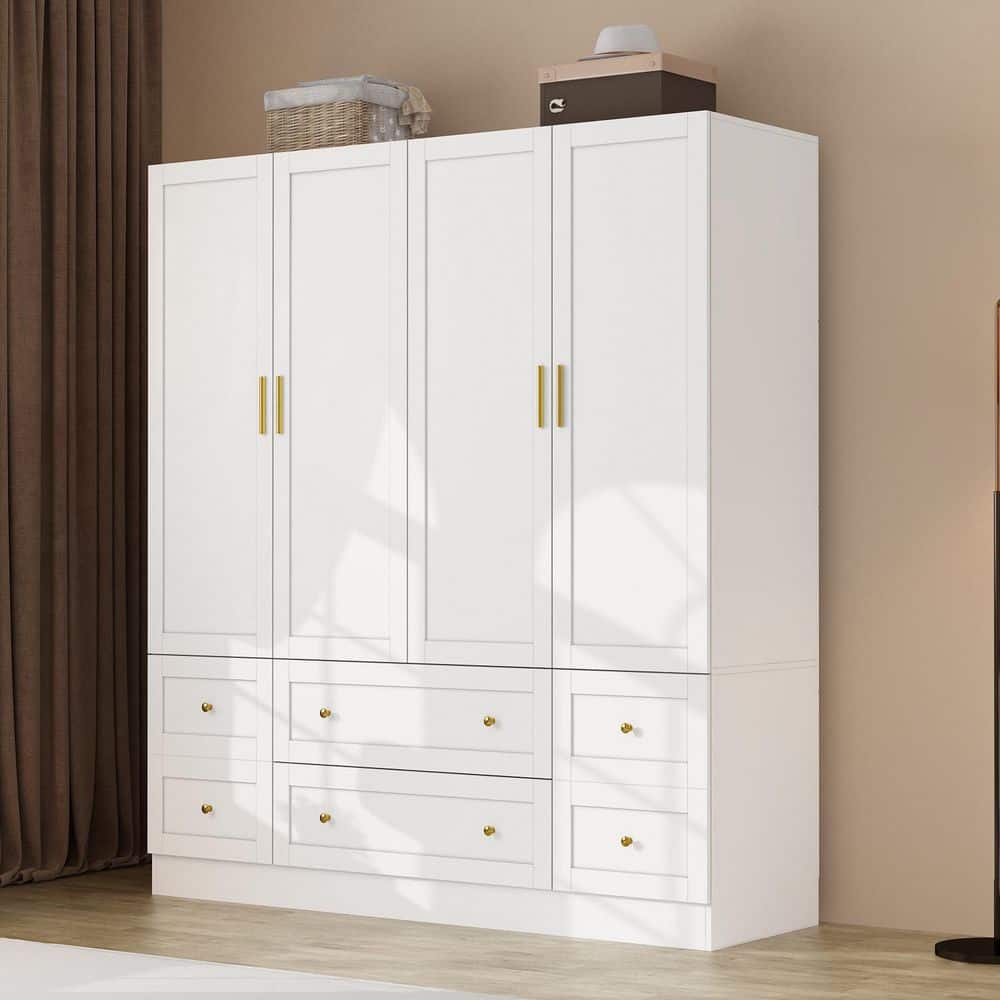 White Wood 63 in. W 4-Door Large Bedroom Wardrobe Armoire with Hanging Rod, 4-Drawer, 70.9 in. H x 19.7 in. D