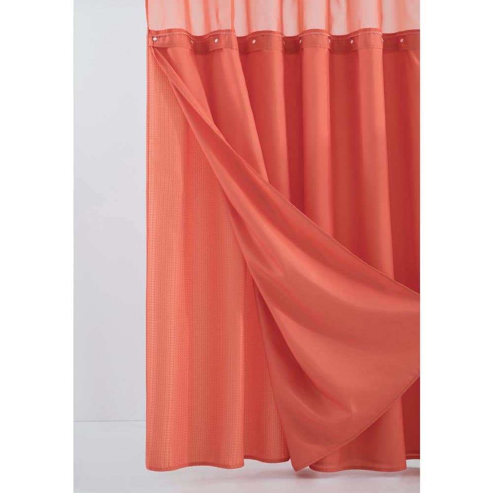 Coral Waffle Weave Fabric Shower Curtain with Detachable Liner