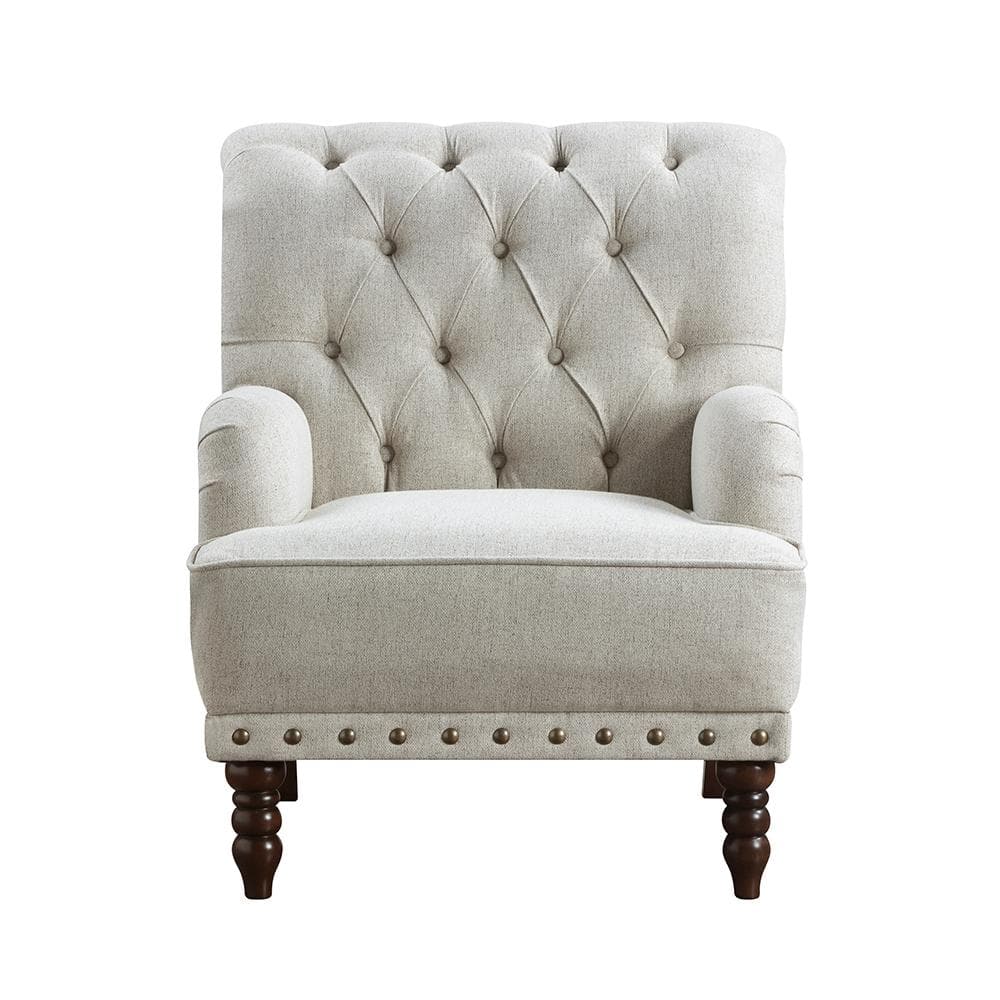 Beige Textured Fabric Upholstery Arm Chair with Wood Legs