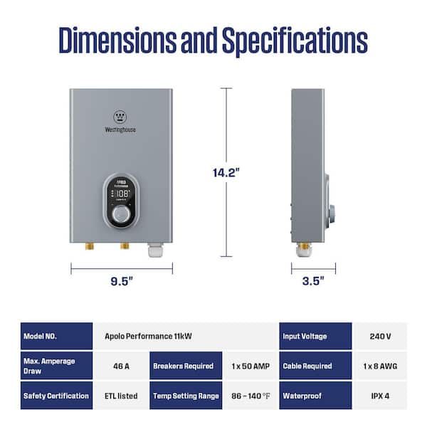 Apolo Performance 11 kW 2.6 GPM 240-Volt Smart Wi-Fi Control Electric Tankless Water Heater