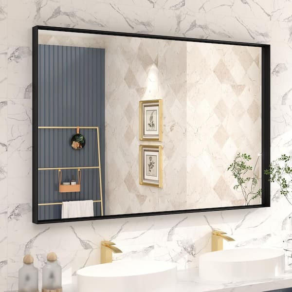 48 in. W x 32 in. H Rectangular Aluminum Alloy Framed and Tempered Glass Wall Bathroom Vanity Mirror in Matte Black
