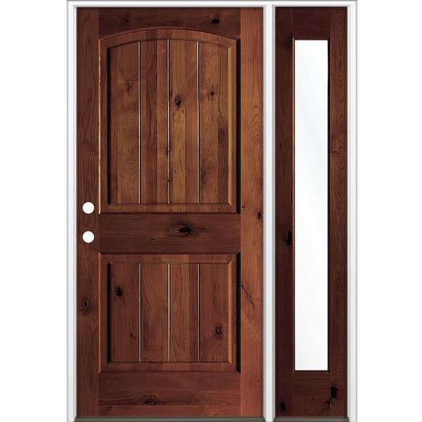 56 in. x 80 in Knotty Alder Arch Top Right-Hand/Inswing Clear Glass BEHR Red Mahogany Stain Wood Prehung Front Door RFSL
