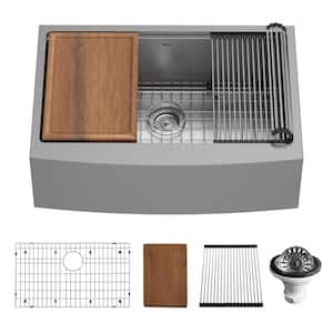 30 in. Farmhouse/Apron-Front Single Bowl 16-Gauge Stainless Steel Workstation Kitchen Sink