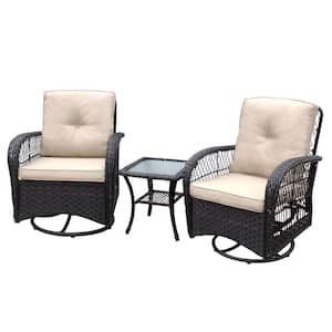 3-Piece Wicker Patio Conversation Set, Rocker Chair with Beige Cushions, Glass Top Side Table