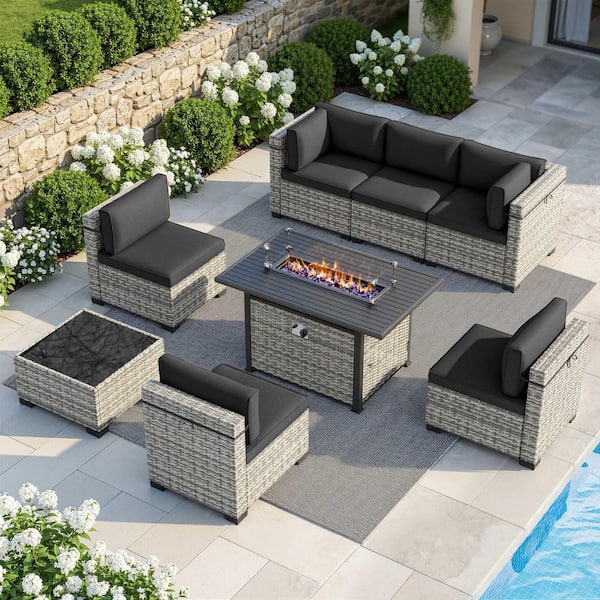 8-Piece Wicker Patio Conversation Set with 55,000-BTU Fire Pit Table and Glass Top Table with Dark Gray Cushions