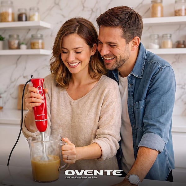 OVENTE Ultra-Stick 2-Speed Red Hand Immersion Blender Set with