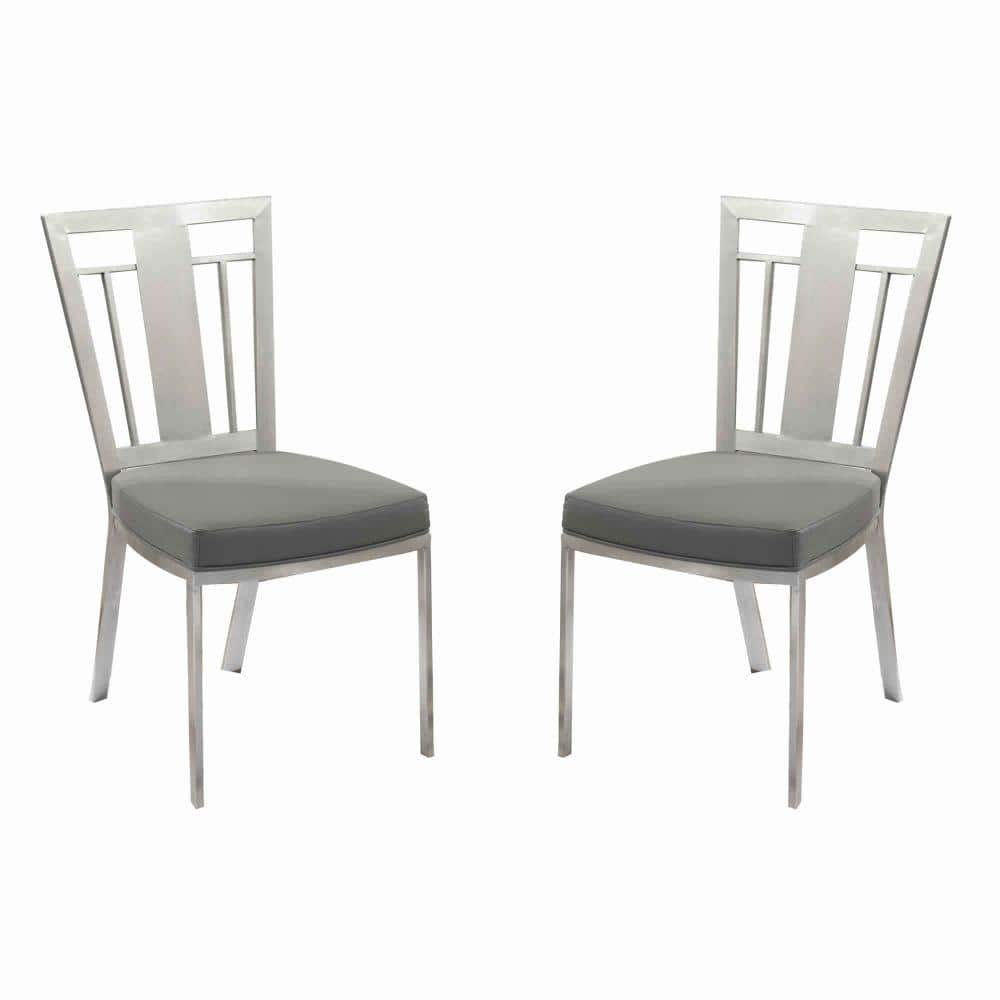 Benjara Gray and Silver Leather Metal Legs Dining Chair (Set of 2