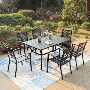 Black 7-Piece Metal Outdoor Patio Dining Set with Slat Rectangle Table and Elegant Stackable Chairs